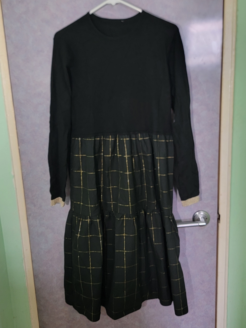 Black Long-Sleeve Tiered Dress with Gold Windowpane